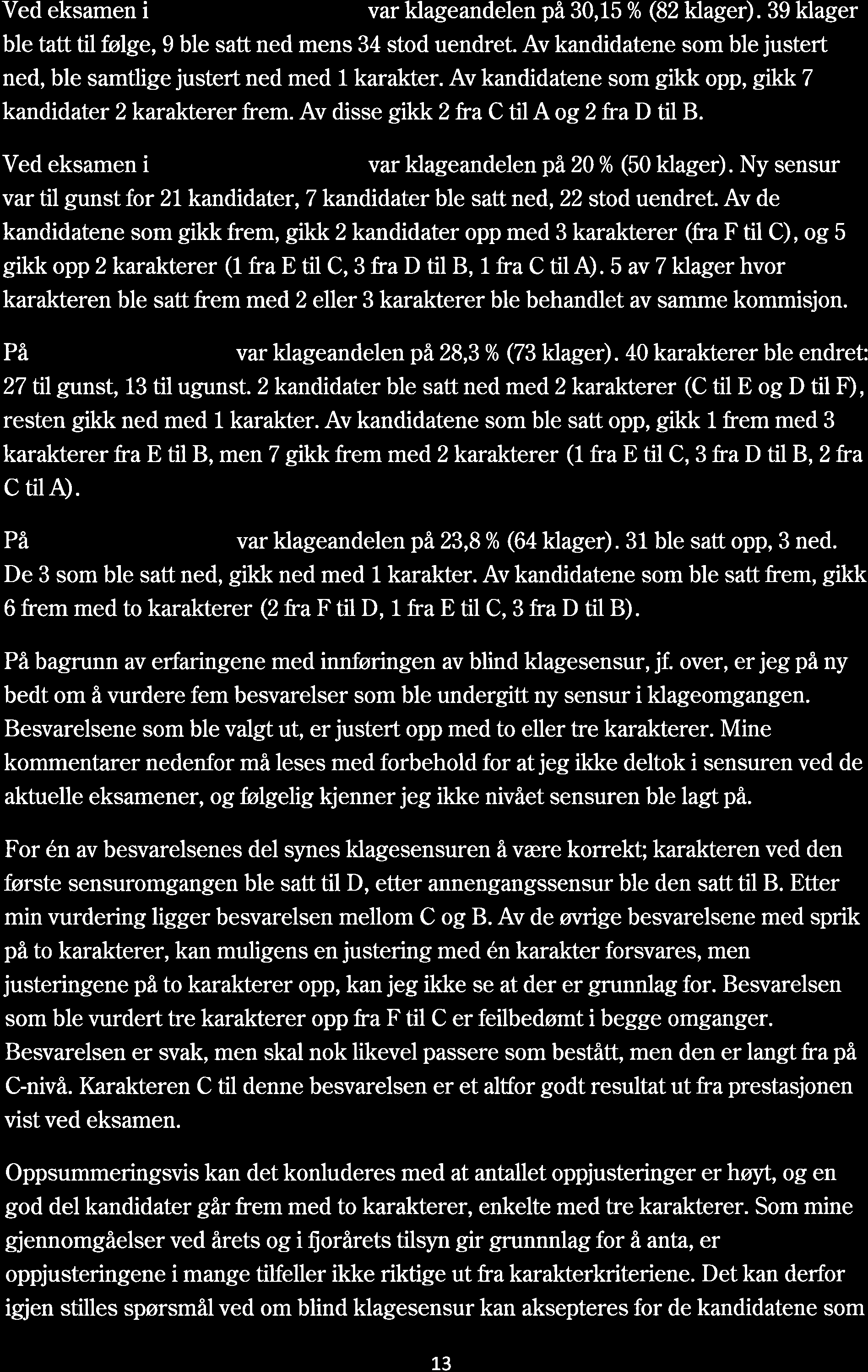 152 Ved eksamen i -TUS3111 høsten 2015 var klageandelen på 30,15 Yo (82 Hager). 39 klager ble tatt tl,følge,9 ble satt ned mens 34 stod uendret.