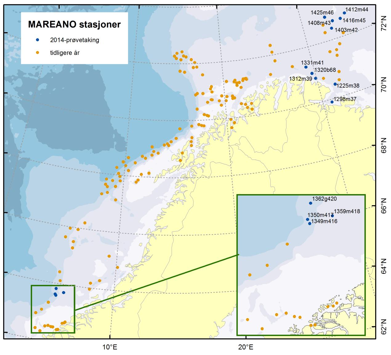 Figur 1. Sedimentprøvetakingslokaliteter i MAREANO-området.