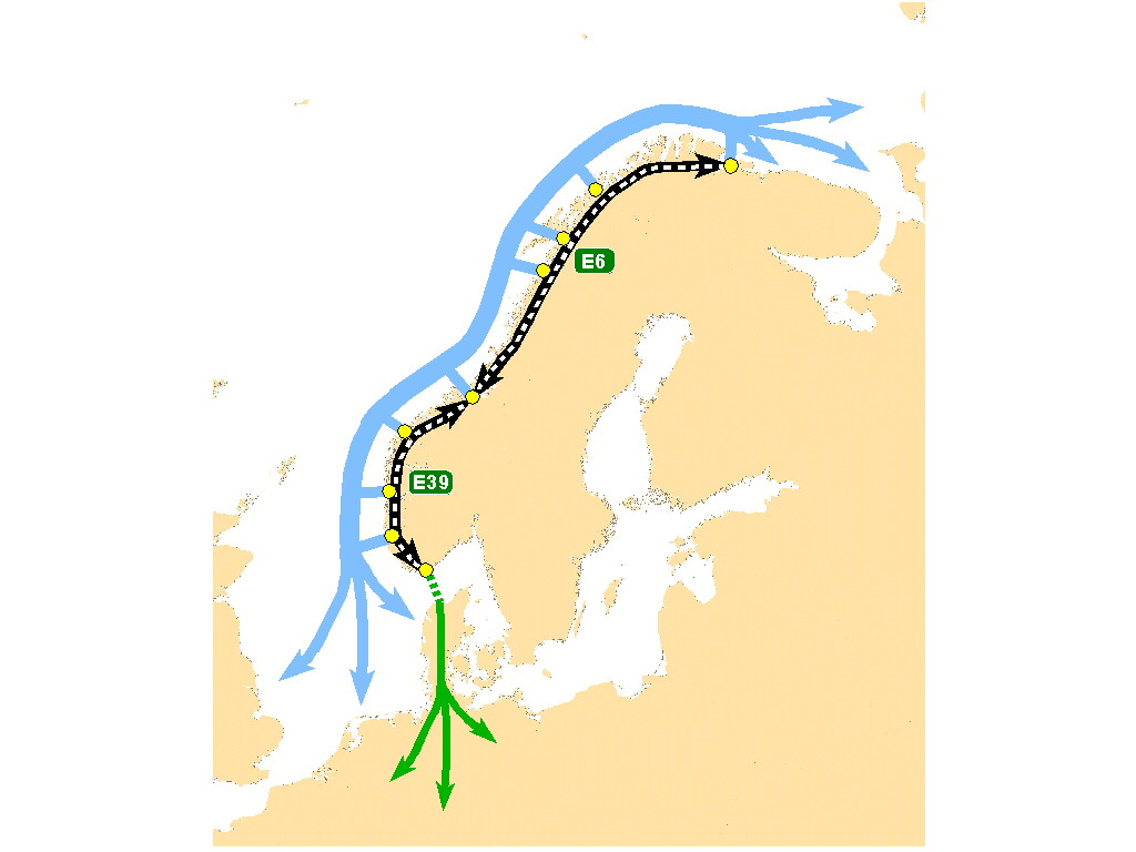 Eksport frå Vestlandet går dels med bil via Oslo og Austlandet, og dels via sjøtranport frå hamner på Vestlandet.
