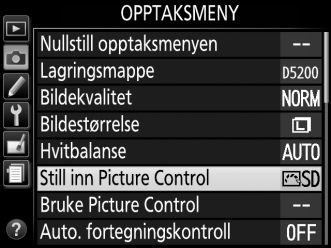 Endre Picture Controls Eksisterende forhåndsinnstilte eller egendefinerte Picture Controls (0 90) kan endres for å passe til motivet eller brukerens kreative hensikt.