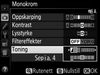 A Filtereffekter (kun Monokrom) Alternativene i denne menyen simulerer effekten av fargefiltre på monokrome fotografier.