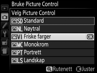 Marker Bruke Picture Control i opptaksmenyen og trykk på 2. G-knapp 2 Velg Lagre/redigere.