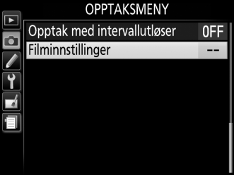 Manuelle filminnstillinger: Velg På for å tillate manuelle justeringer av lukkertid og ISO-følsomhet når kameraet bruker eksponeringskontroll M.