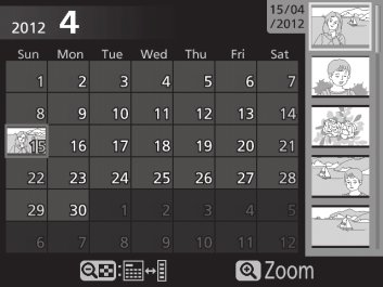 Kalenderavspilling For å vise bilder som er tatt på en valgt dato, trykker du på W (Q)-knappen når 72 bilder vises.