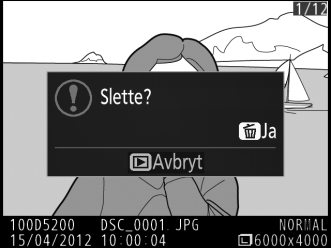 Slette fotografier For å slette fotografiet som vises med avspilling på full skjerm eller fotografiet som er markert i miniatyrbildelisten, trykker du på O-knappen.
