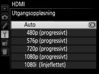 HDMI-alternativer Alternativet HDMI i oppsettsmenyen kontrollerer oppløsningen på utsignalet og kan brukes til å klargjøre kameraet for fjernkontroll fra utstyr som støtter HDMI-CEC (High-Definition