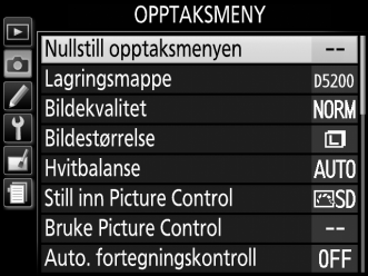 C Opptaksmenyen: Opptaksalternativer For å vise opptaksmenyen, trykker du på G og velger fanen C (opptaksmeny).