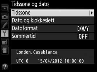 Tidssone og dato G-knapp B oppsettsmeny Endre tidssoner, still kameraklokken, velg datoformat og slå sommertid på eller av.