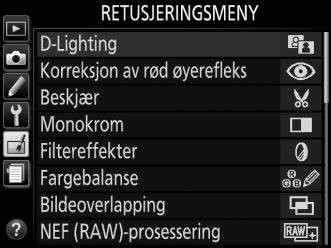 N Retusjeringsmenyen: Lage retusjerte kopier Trykk på G for å vise retusjeringsmenyen, og velg fanen N (retusjeringsmeny).