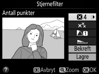 Filtereffekter G-knapp N retusjeringsmeny Velg mellom følgende filtereffekter. Etter at du har justert filtereffektene som beskrevet nedenfor, trykker du på J for å kopiere fotografiet.
