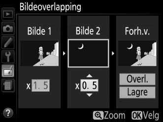 3 Velg det andre bildet. Det valgte bildet vises som Bilde 1. Marker Bilde 2 og trykk på J, velg deretter det andre fotografiet som beskrevet i trinn 2. 4 Juster økningen.