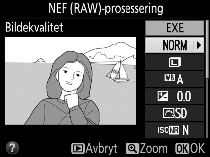 NEF (RAW)-prosessering G-knapp N retusjeringsmeny Du kan opprette JPEG-kopier av NEF (RAW)-fotografier. 1 Velg NEF (RAW)-prosessering.