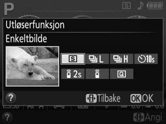 Mer om fotografering (alle funksjoner) Funksjonene enkeltbilde, kontinuerlig, selvutløser, fjernstyring og lyddempet lukker Velg mellom følgende utløserfunksjoner: Funksjon Beskrivelse 8 Enkeltbilde: