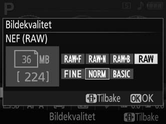 Bildekvalitet og -størrelse Til sammen avgjør bildekvalitet og -størrelse hvor mye plass hvert fotografi tar opp på minnekortet.