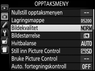 A NEF (RAW)-bilder Vær klar over at valg av bildestørrelse ikke påvirker størrelsen på NEF (RAW)-bilder.