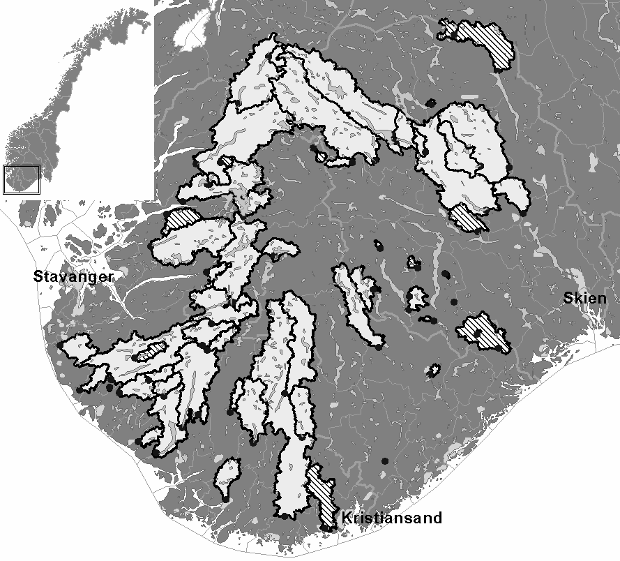 Figure 1. Light grey catchments are used in the multiple regression analysis. Shaded catchments are verification stations.