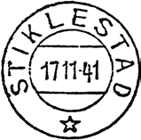 1941 STIKLESTAD Innsendt 26.11.1941 Stempel nr. 6 Type: TA Utsendt 18.11.1941 STIKLESTAD Innsendt Registrert brukt fra 5-8-42 IWR til 30-9-74 AB Stempel nr.