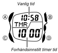 Dette vil vise forløpt tidmåling i både øvre og nedre del av displayet. Pausing av tidtaking 1. Trykk B. Nå vil målingen av forløpt tid stoppe i over del av displayet.