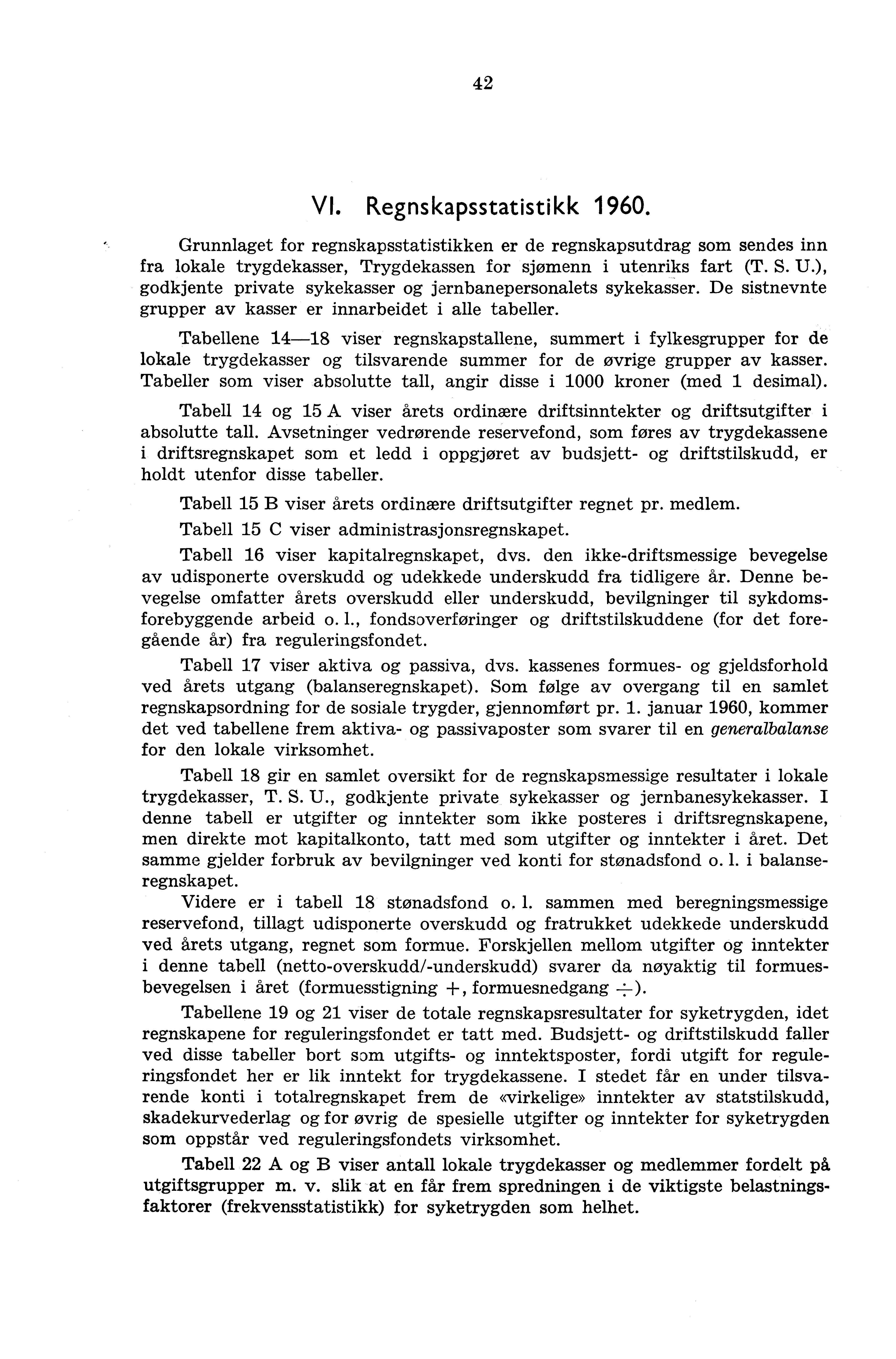 42 VI. Regnskapsstatistikk 1960. Grunnlaget for regnskapsstatistikken er de regnskapsutdrag som sendes inn fra lokale trygdekasser, Trygdekassen for sjømenn i utenriks fart (T. S. U.