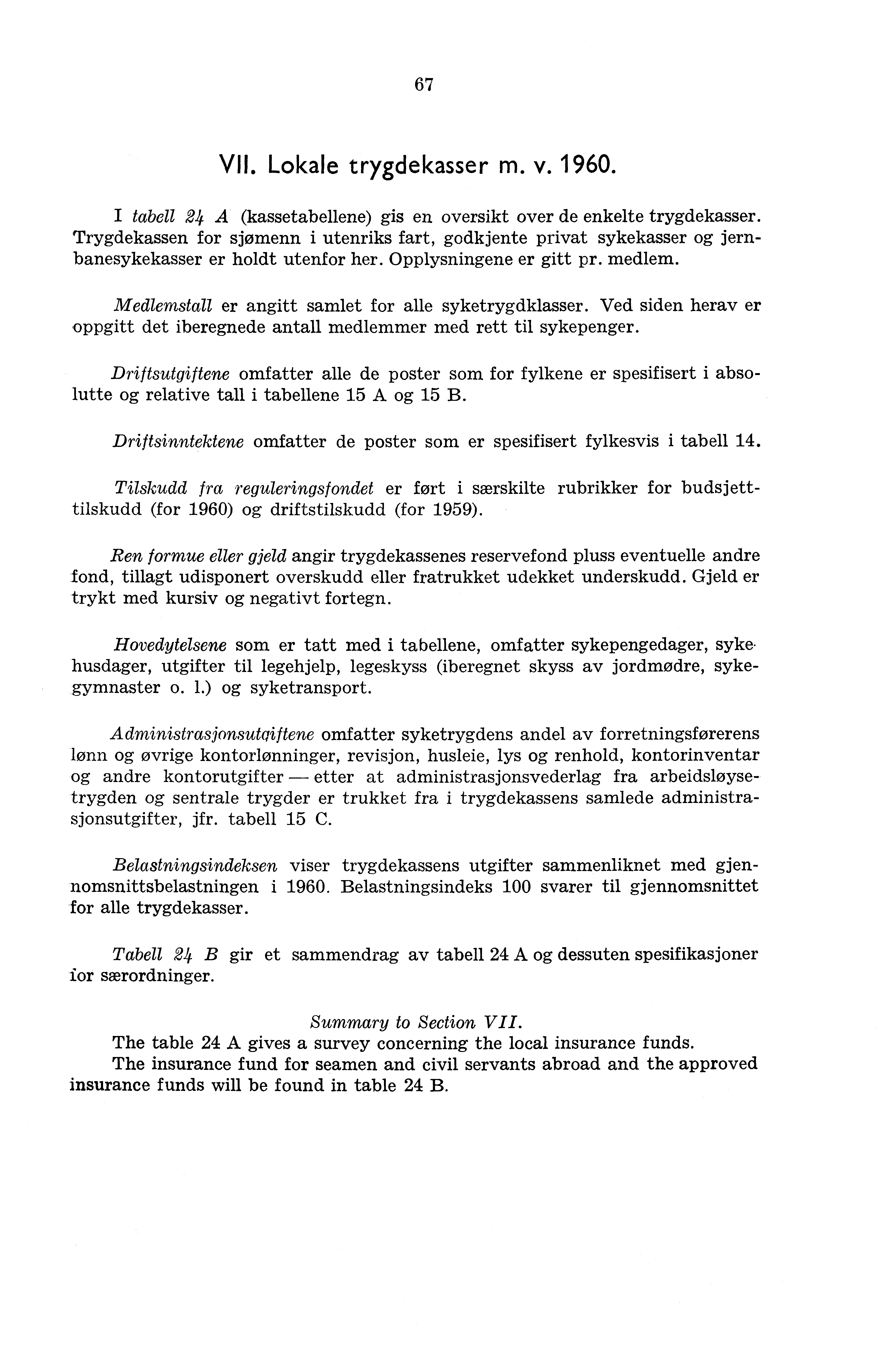 67 VII. Lokale trygdekasser m. v. 1960. I tabell 24 A (kassetabellene) gis en oversikt over de enkelte trygdekasser.