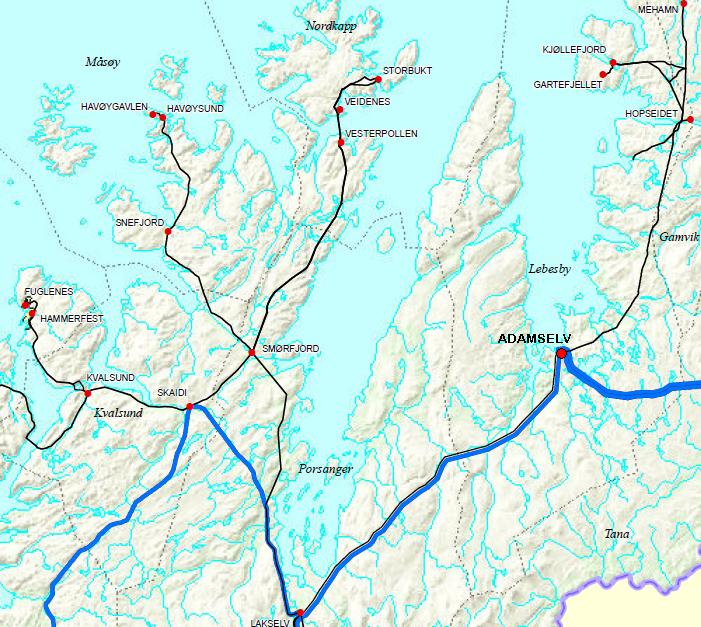 Side 8 Figur 3 - Dagens regional- og sentralnett i Nord-Finnmark Elektrifisering fra Nordkinnhalvøya er også en mulighet i fremtiden.