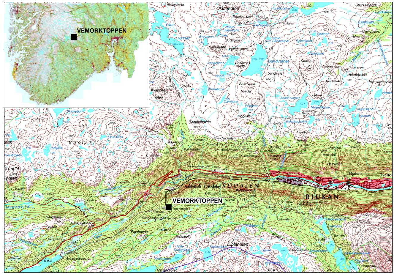 Mars 2012 Konsesjonssøknad. Ny Vemorktoppen koplingsstasjon 1.3. Eksisterende anlegg Anlegget ligger i Tinn kommune i Telemark fylke Figur 1. Kart som viser stasjonens plassering.