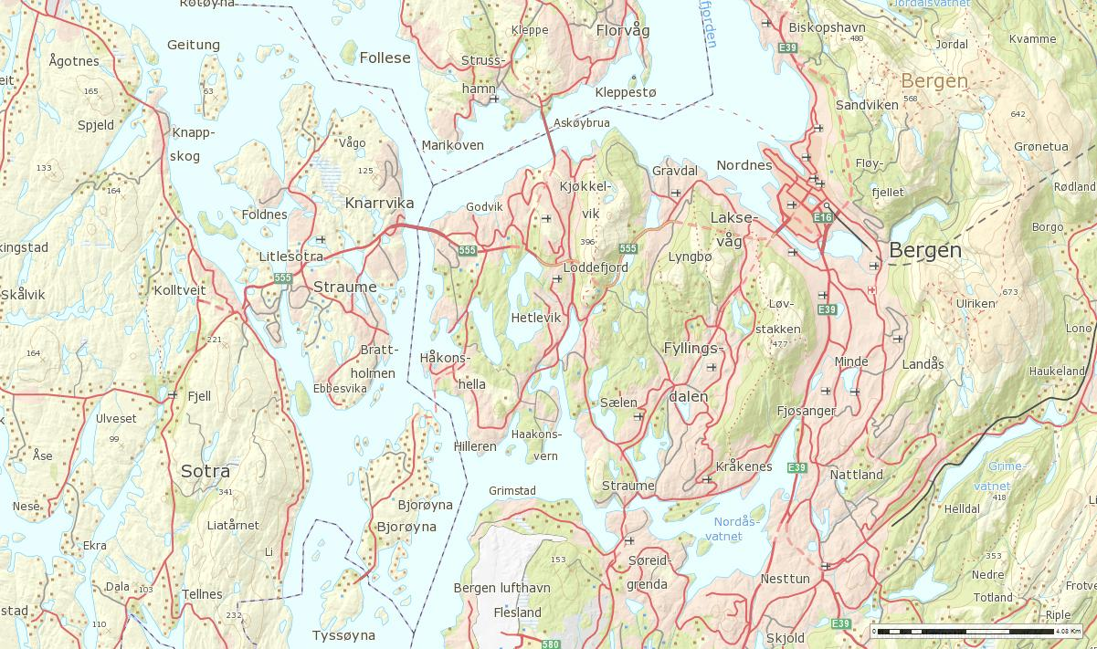 3 LOKALISERING OG NATURGRUNNLAG Lokalisering og naturgrunnlag 3.1 Lokalisering av planområdet Planområdet er lokalisert i Alvøen, Bergen vest, og omfatter eksisterende Fv.