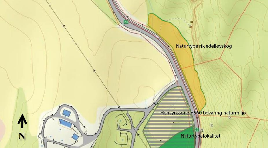 Naturmiljø/biologisk mangfold Det er utarbeidet et eget notat om naturmiljø. Tiltaket vil gripe inn i et mindre naturområde på østsiden av eksisterende rv. 23.