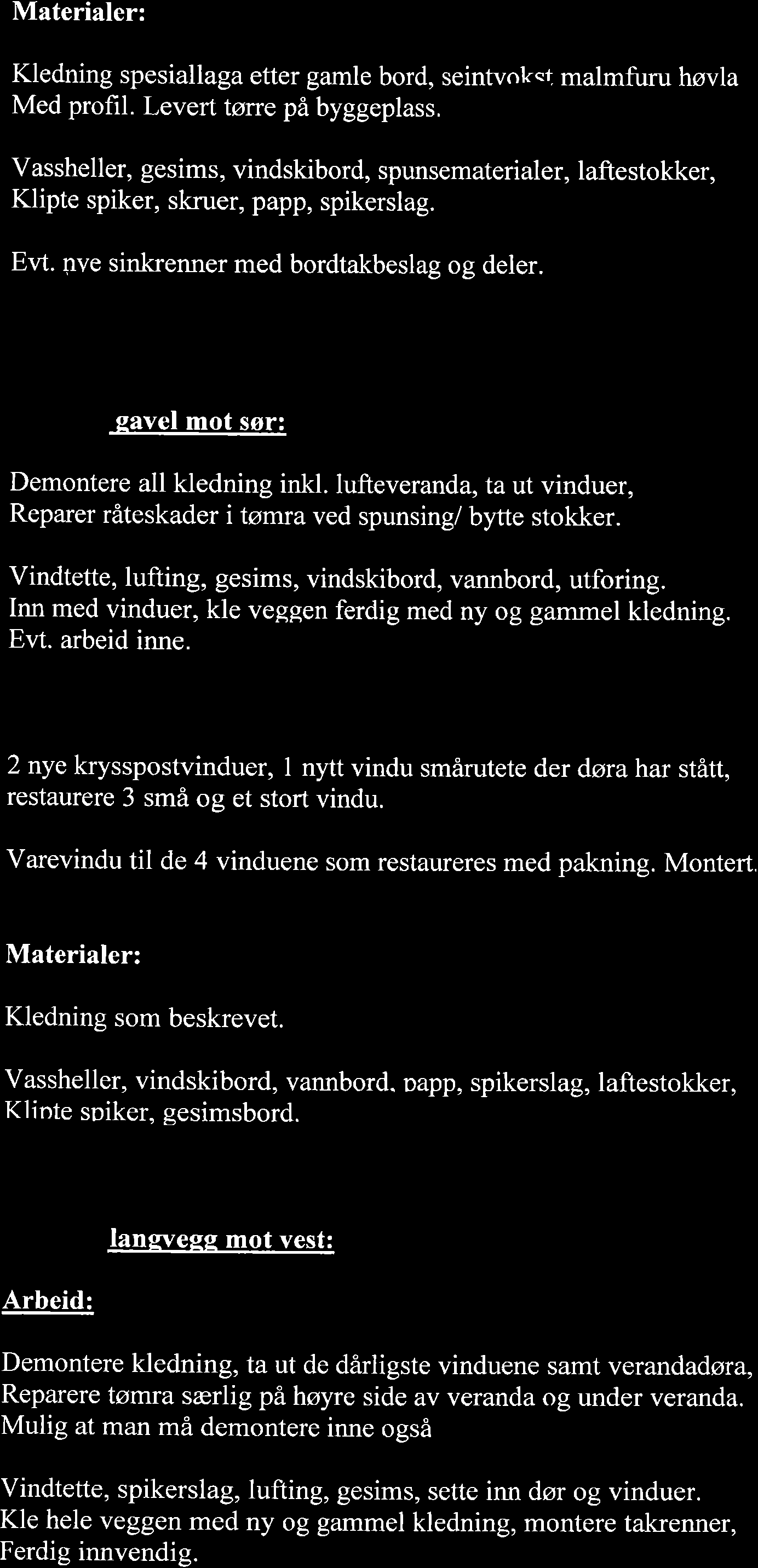 Materialer: Kledning spesiallaga etter gamle bord, seintvokcr malmfuru høvla Med profil. Levert tørce päbyggeplass.