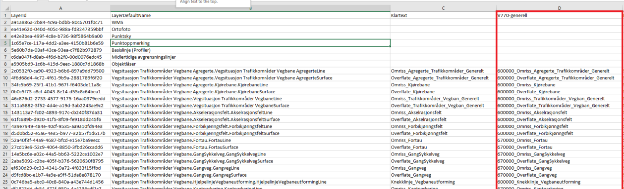 (Husk å velg tegn i 3D) Lagtilordningsstandarden kan eksporteres til EXCEL og gjenbrukes i andre vegmodeller i dette prosjektet.