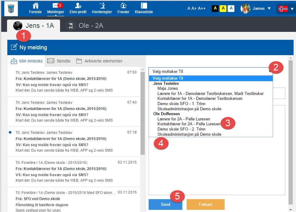 Melding som sendes til «Lærere for 2A» vil være synlig for alle faglærere som er knyttet til klassen.