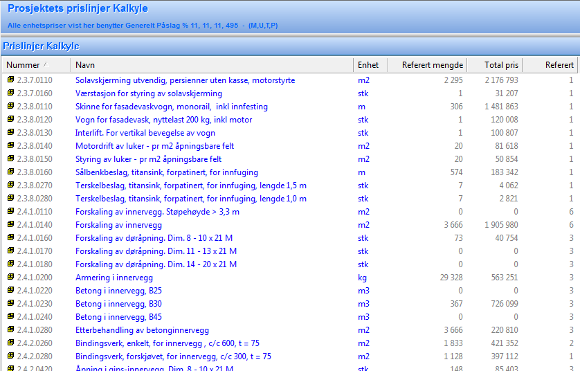 "Referert mengde" og "Total pris" vil kun inneholde bidrag fra "aktive" delprosjekter og IKKE fra "alternative" delprosjekter.