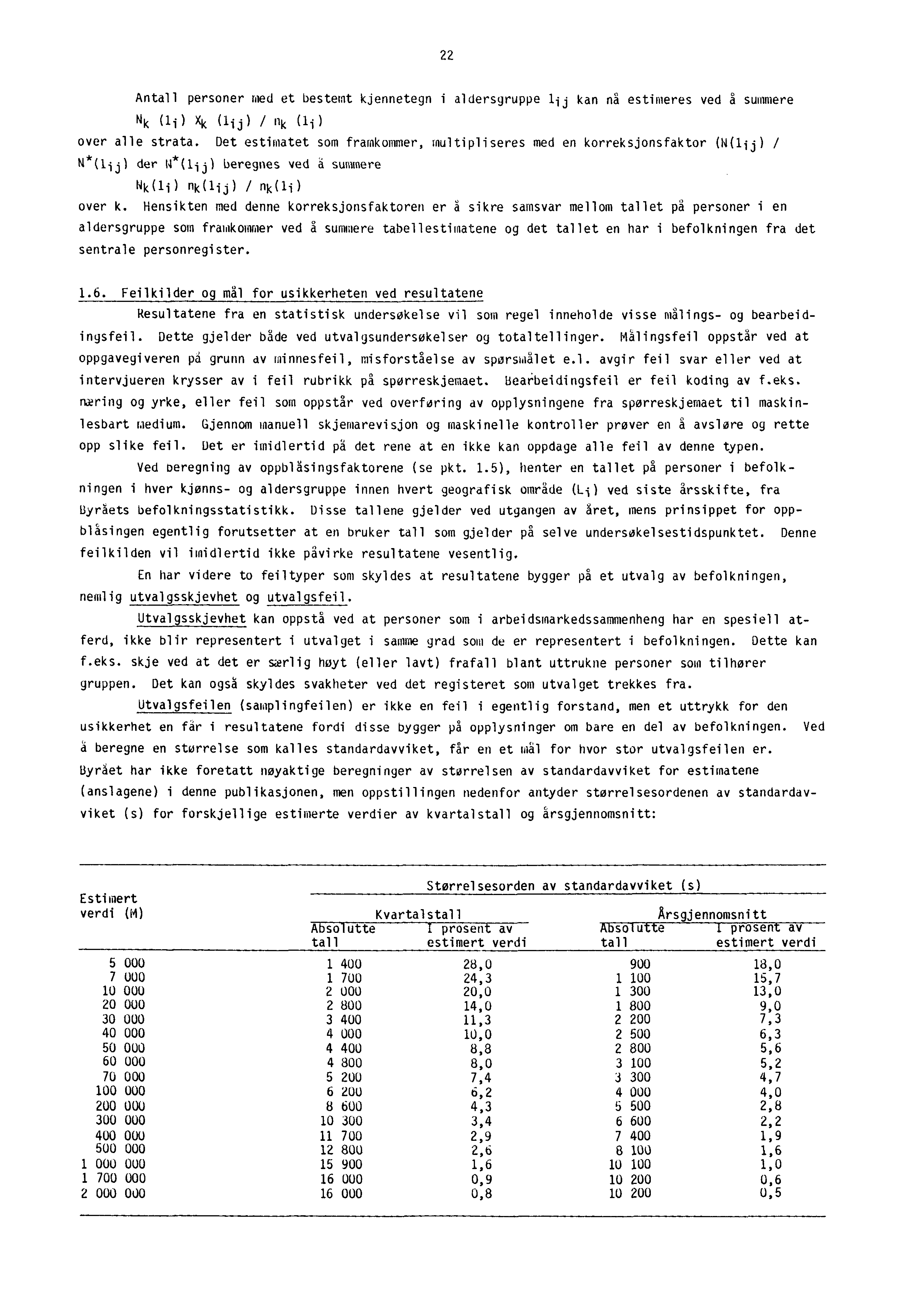 22 Antall personer med et bestemt kjennetegn i aldersgruppe lij kan nå estimeres ved å summere Nk (10 Xk / nk (1) over alle strata.