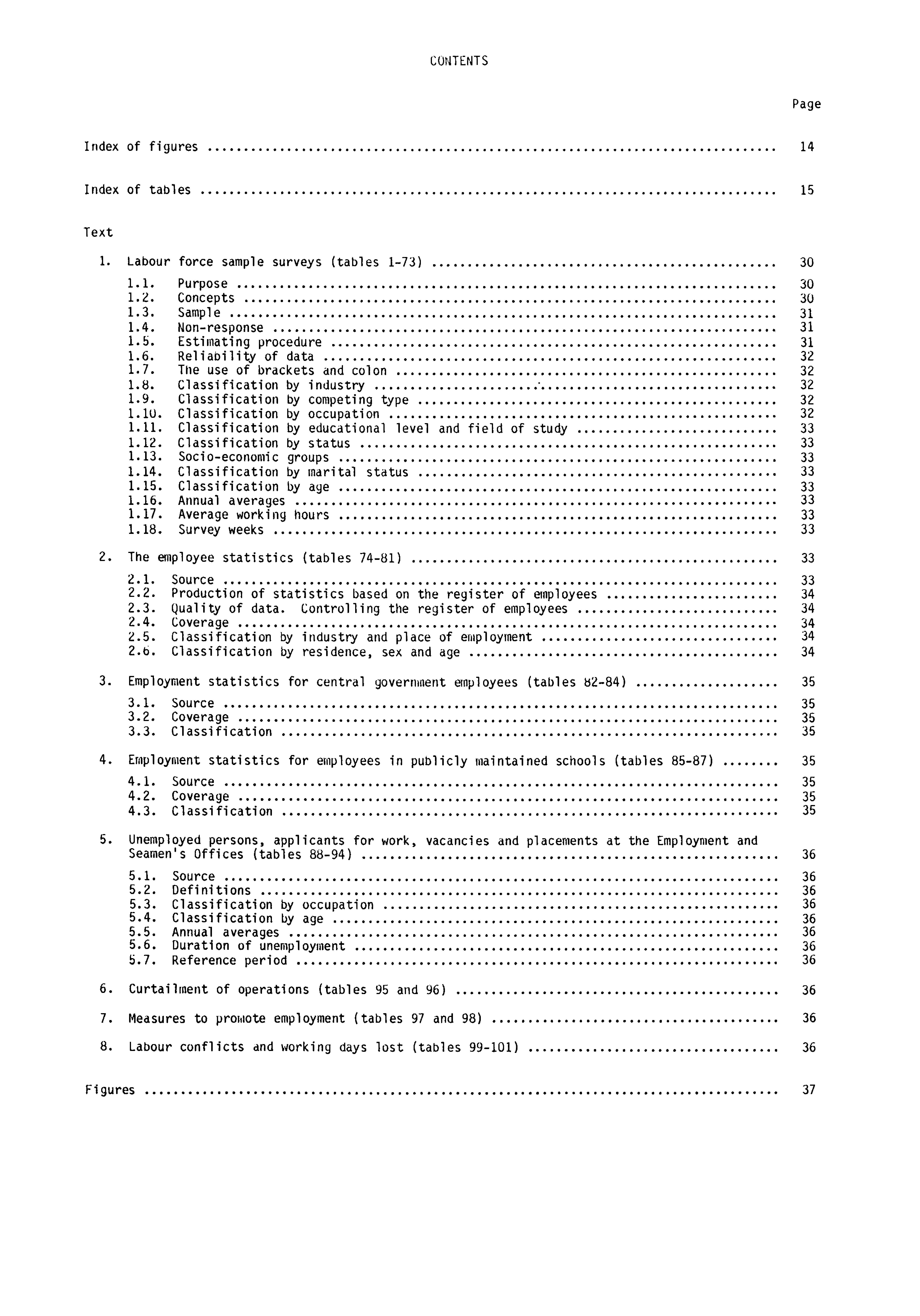 CONTENTS Page Index of figures 14 Index of tables 15 Text 1. Labour force sample surveys (tables 1-73) 30 1.1. Purpose 30 1.2. Concepts 30 1.3. Sample 31 1.4. Non-response 31 1.5. Estimating procedure 31 1.