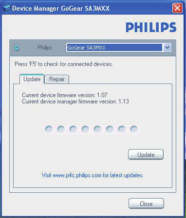 9 Oppdatere fastvaren gjennom Philips Device Manager Installere Philips Device Manager 1 Kontroller at du har koblet PCen til Internett. 2 Start Philips Device Manager. En dialogboks vises.