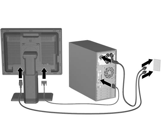 Quick Setup Trinn 5: Kople til strømledningene Kople til strømledningene og skjermkabelen som vist. Slå på skjermen, og deretter slår du på datamaskinen.