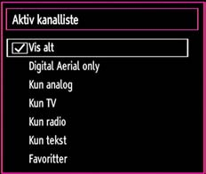 Knappfunksjoner OK: Legger til/fjerner en stasjon. GUL: Merker/avmerker en kanal. GRØNN: Merker/avmerker alle kanaler. BLÅ: Viser alternativer for filtrering.