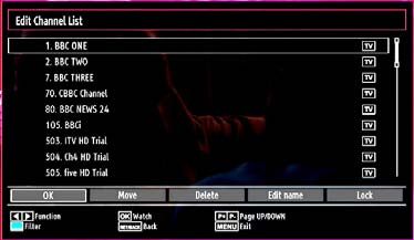 Press OK to view menu contents. Select Edit Channel List to manage all stored channels. Use or and OK buttons to select Edit Channel List.