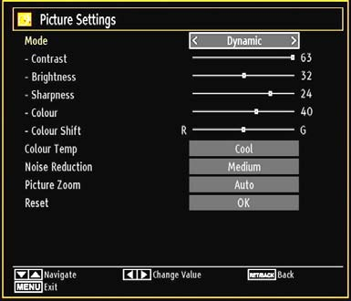 Picture Settings Menu Items Mode: For your viewing requirements, you can set the related mode option.