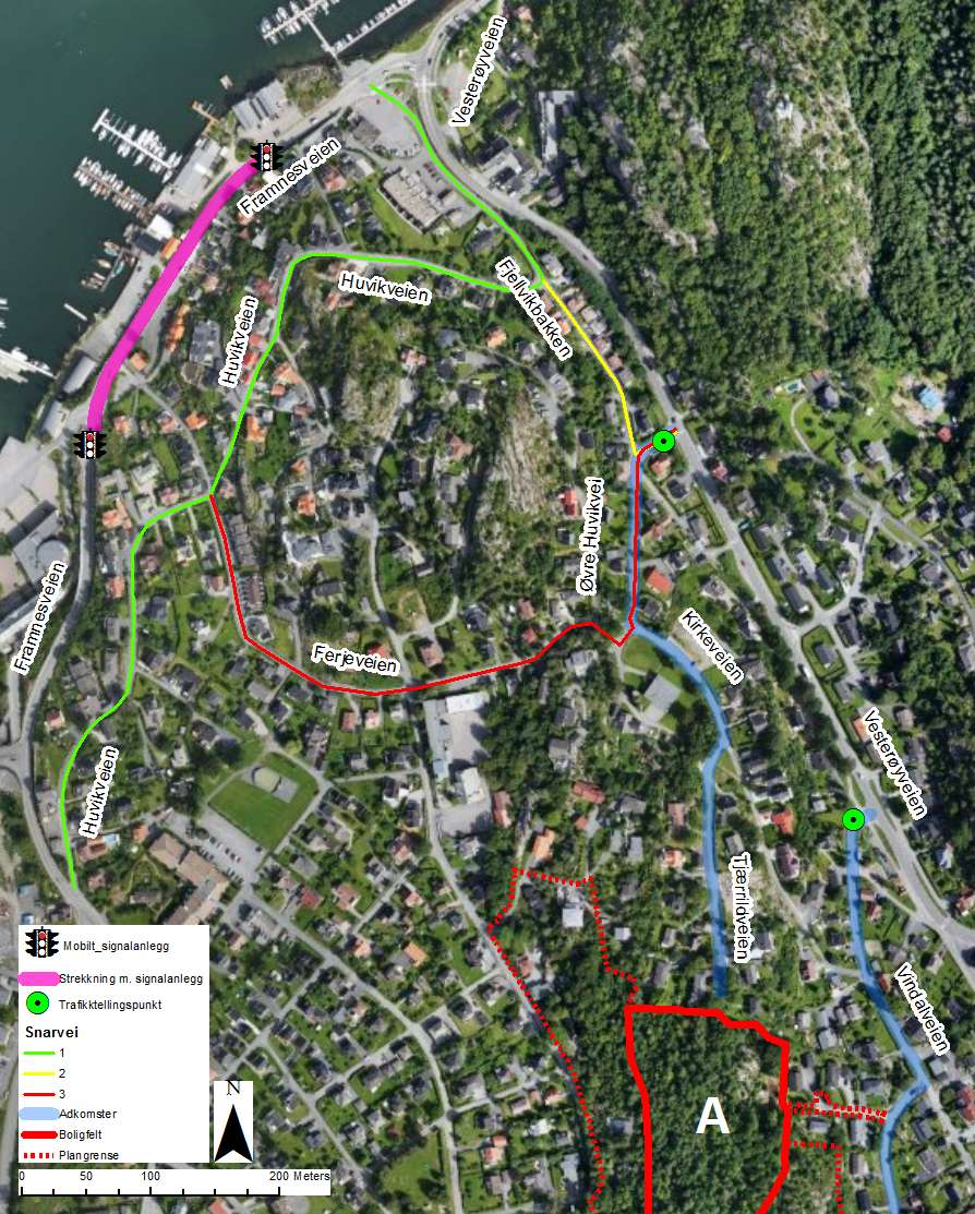 3.3 Oppsamling Når trafikktellingene ble foretatt var det oppstilt et mobilt signalanlegg på en delstrekning på Framnesveien (markert med rosa i kartet). Den ene veibane var stengt pga.