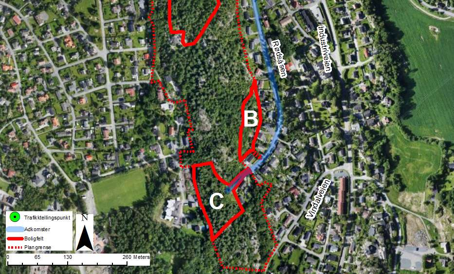 Huvikvei og Vindalveien. Nedenstående figur viser plasseringene av tellepunktene.