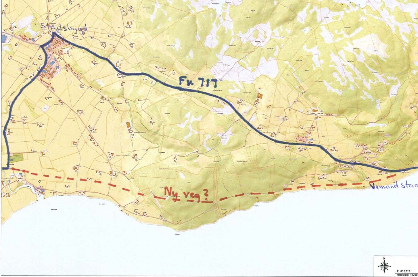Å starte kommunedelplan Fv.717 Stadsbygd kirke-rørvik, med trasé langs sjøen. 2.2 Dagens veg Fv. 717 er hovedveg fra Rørvik via Stadsbygd til Rissa.