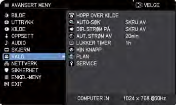 VALG-meny vises i tabellen nedenfor.