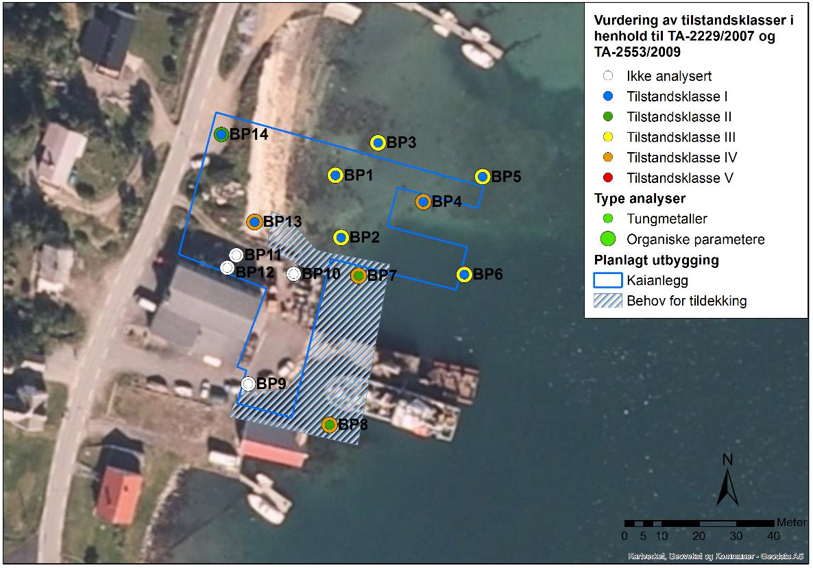 Figur 8.1 Planlagt kaianlegg ved Botnhamn Sveis. Område med behov for tildekking av sedimentene før ut utfylling er vist med skravur. 9 Kontroll, overvåking og sluttrapport 9.