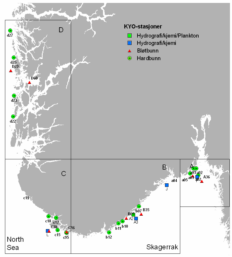 Kystovervåkingsprogrammet 2 Innledning Figur 1.1. Kystovervåkingsprogrammet i 2 dekket de 4 områdene A: Ytre Oslofjord, B: Sørlandet, C: Sør-Vestlandet og D: Vestlandet.