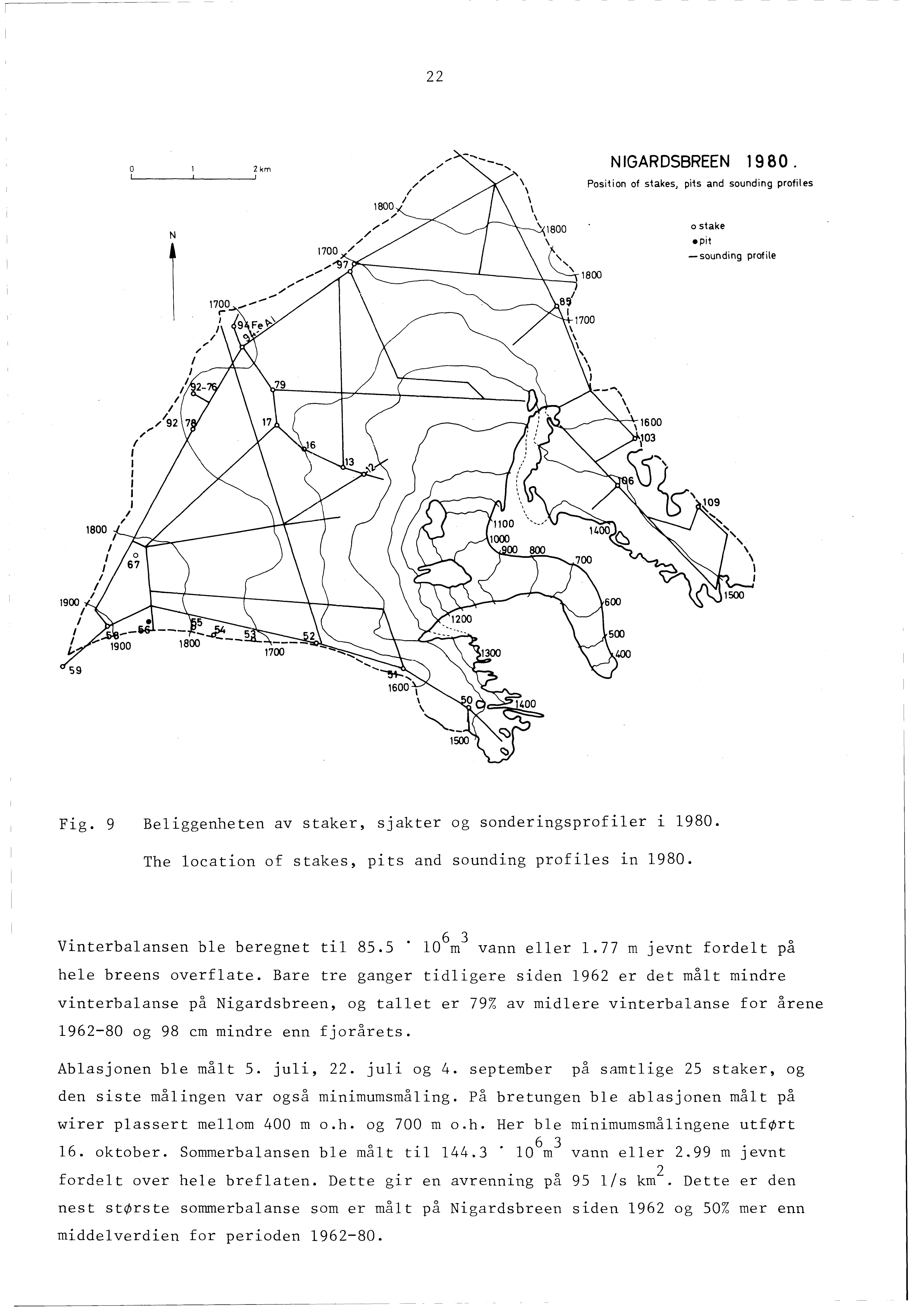~------ 22, 1800, / 2- / /,/92 7 /', N, / ". 1700 r ~--' T- Hm -----... " \ \ \ \ \ \ 1800 NGARDSBREEN 1980. Position of stakes, pits and sounding profiles o stake.pit -sounding profile Fig.