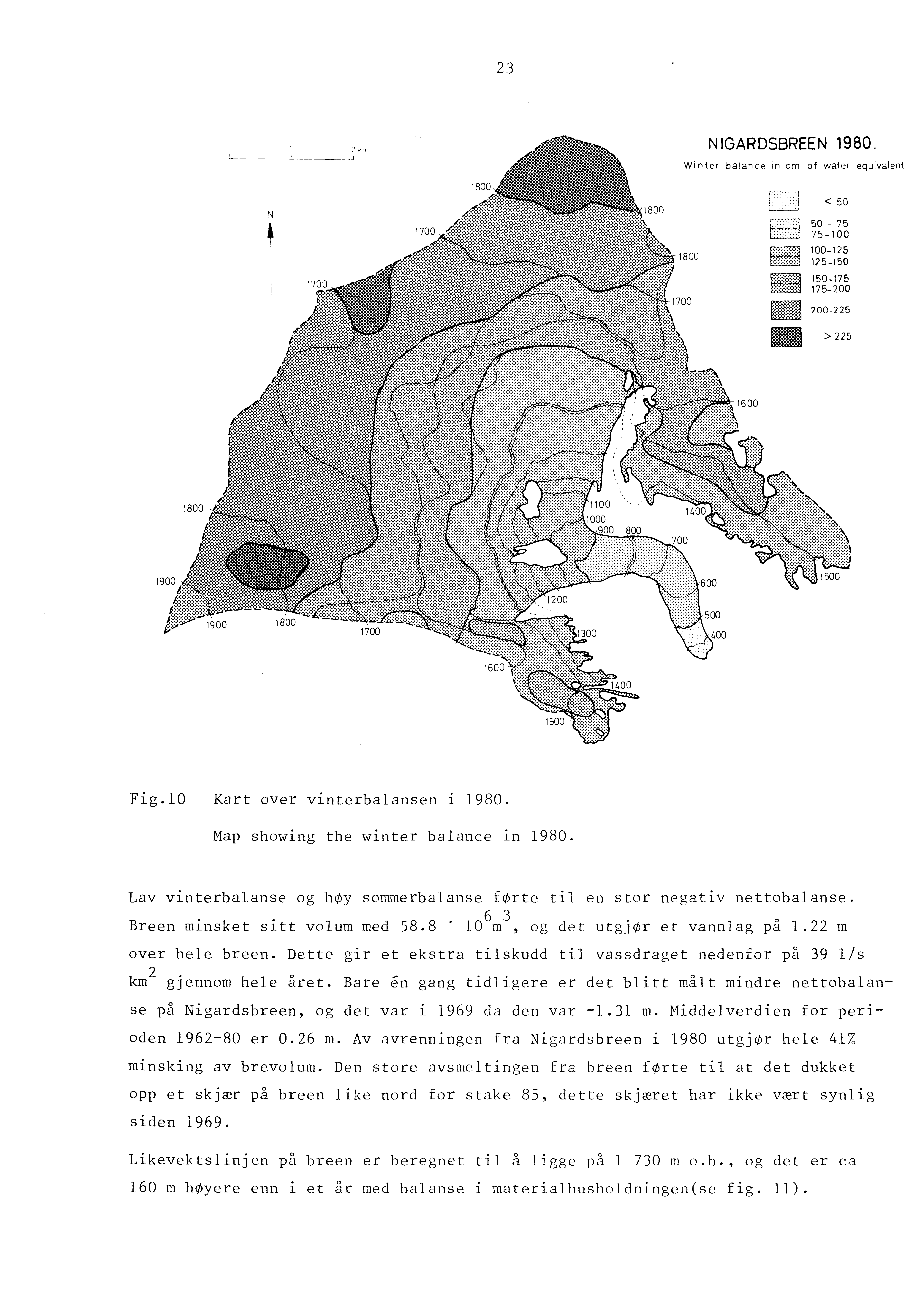 23 - --'--------------, NGARDSBREEN 1980. W nter ba!ance in cm of water equlvalent < 00,.,.~."'"l 50 _ 75 l::-:~l 75-100 rfili@ ~~~~~;~ ~~g~;6~!f~1iitl 200-225 >225 Fig.