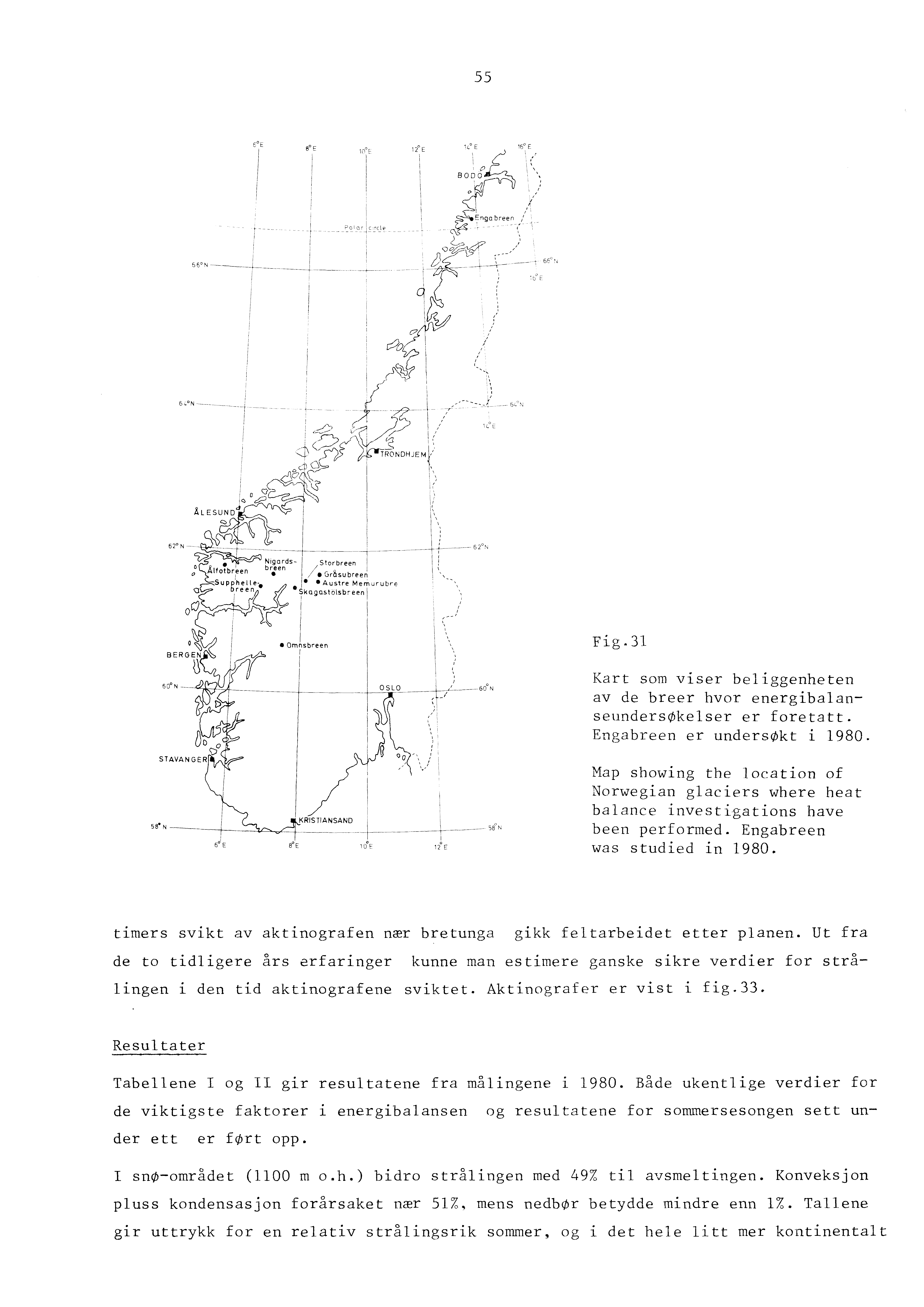 55 Fig.31 Kart som viser beliggenheten av de breer hvor energibalanseundersøkelser er foretatt. Engabreen er undersøkt i 1980.