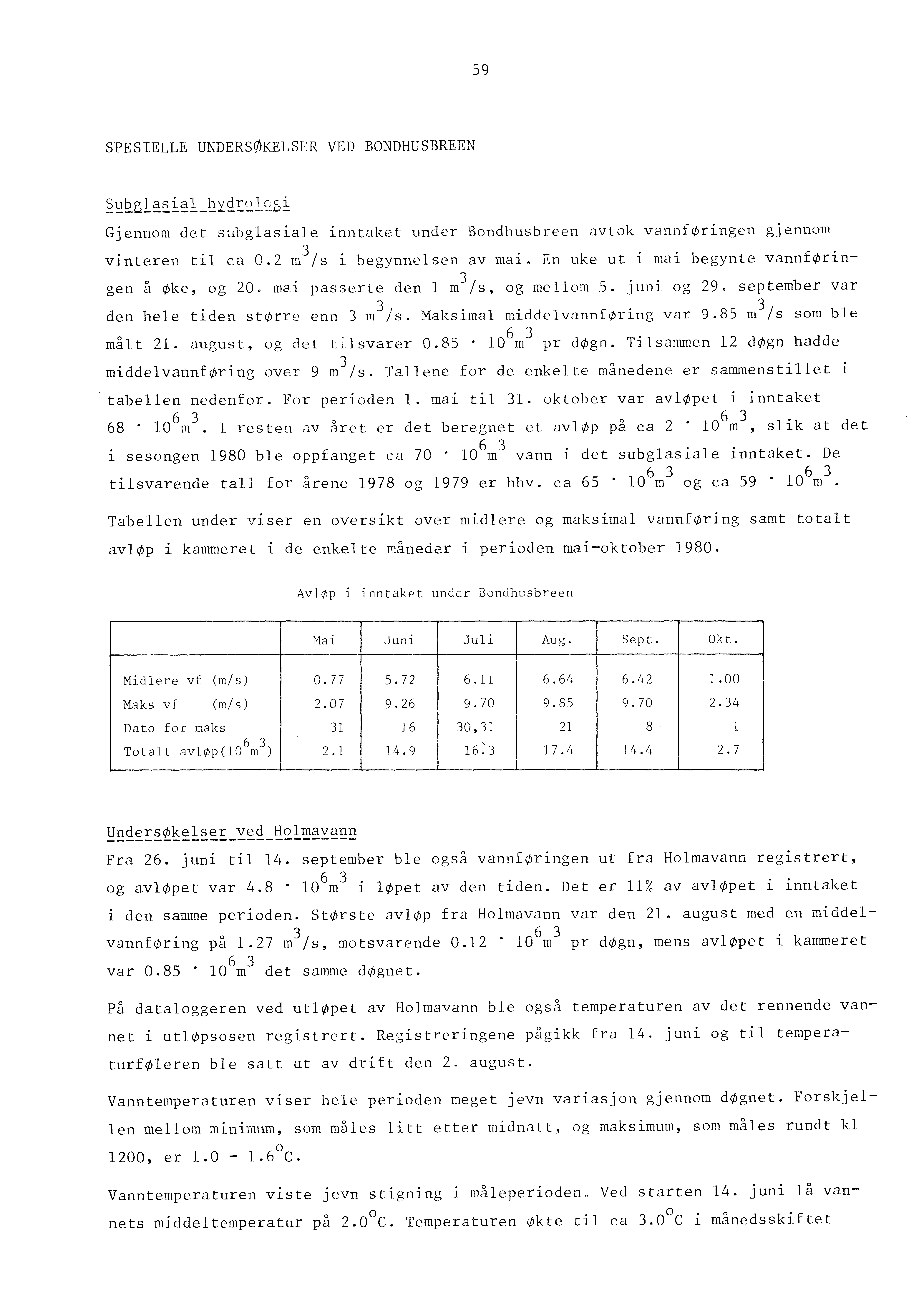 59 SPESELLE UNDERSØKELSER VED BONDHUSBREEN ~~~gl~~i~1_hy~e212si Gjennom det subglasiale inntaket under Bondhushreen avtok vannføringen gjennom vinteren til ca 0.2 m 3 /s i begynnelsen av mai.