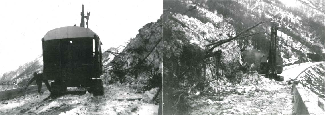 Figur 3.3 Bildet viser snø og skog på vegen etter skredet i 1965. I det høyre bildet er det tydelig at snødekket er påvirket av smelting. Foto: Anders Boge.
